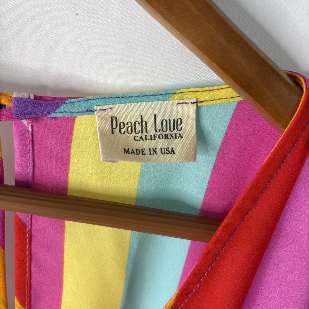 Peach Love California M Rainbow Stripe Dress Boho Retro Mini V-neck Ruffle USA - Picture 5 of 7